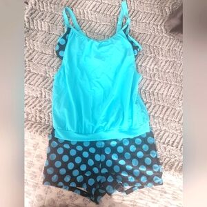 🩵 Blue/teal Polka Dot Swimsuit Top with matching swim shorts.